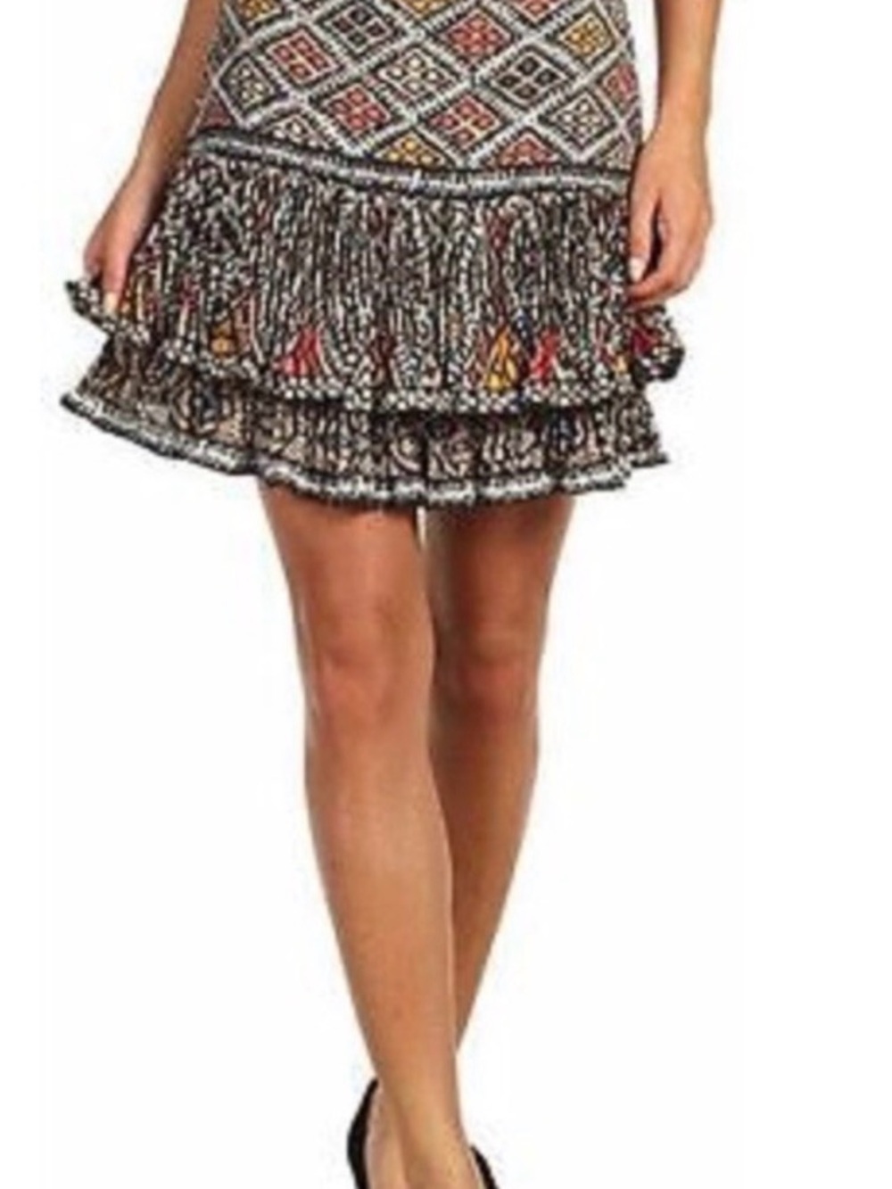 BCBGMaxAzria Nima Aztec Black Printed Ruffle Tiered Mini Skirt